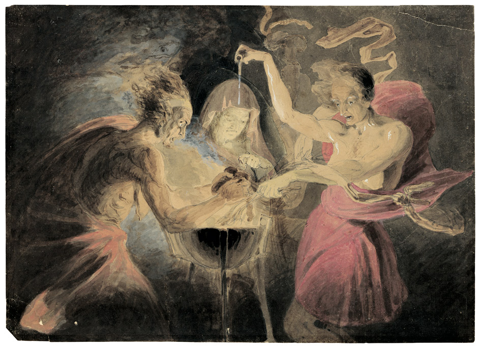 A watercolour 'The Three Witches of Macbeth' by John Downman.