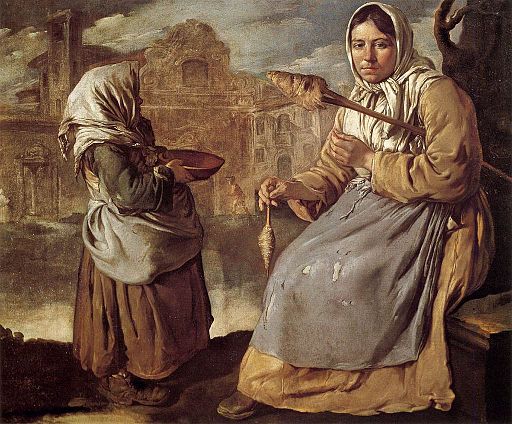 A painting called 'Little Beggar Girl and Woman Spinning' by the artist Giacomom Ceruti. Painted in the 1720s.